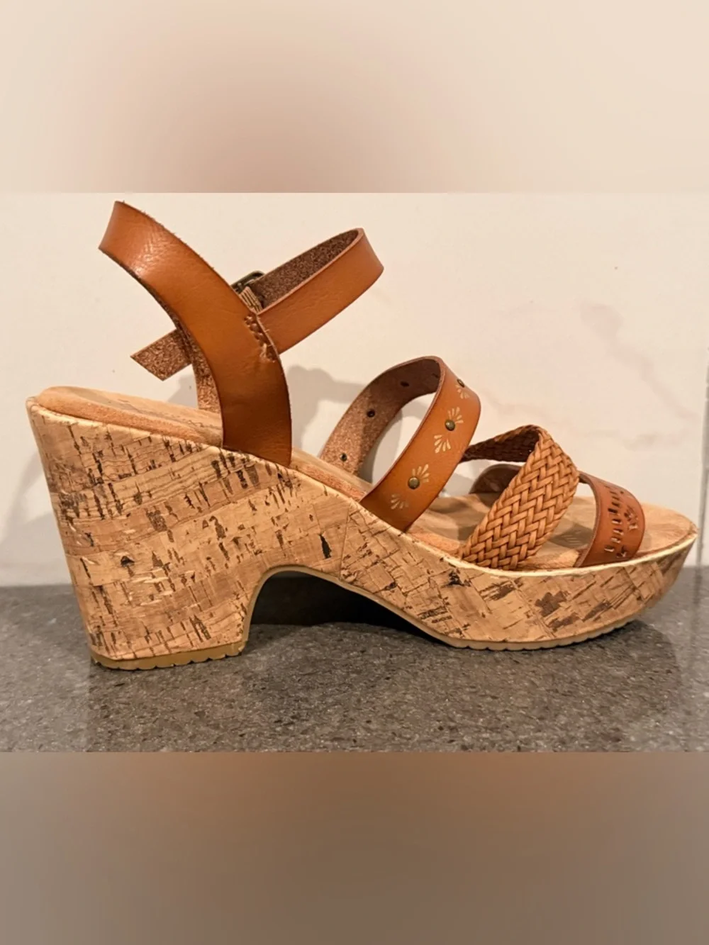 Jelly Pop Memory Foam Woven Tan Cork Wedge Sandals with Buckle Strap - Picture 2 of 11